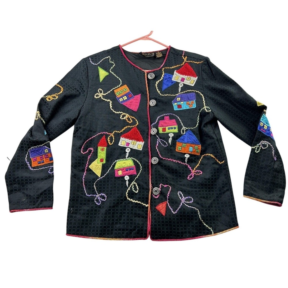VTG 90s Julia Kim House Jacket S Black Embroidered Applique Wearable Art Artsy